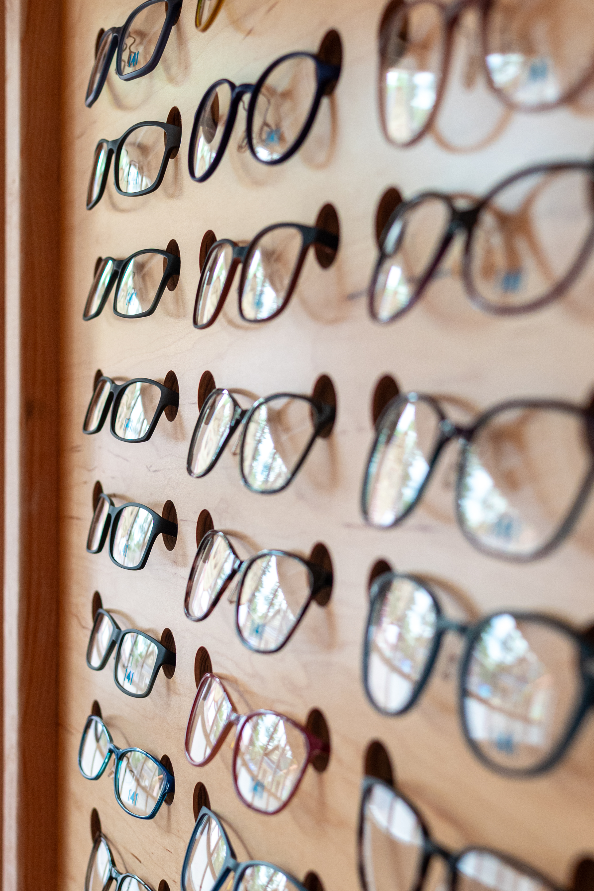 Glasses wall display, angled view